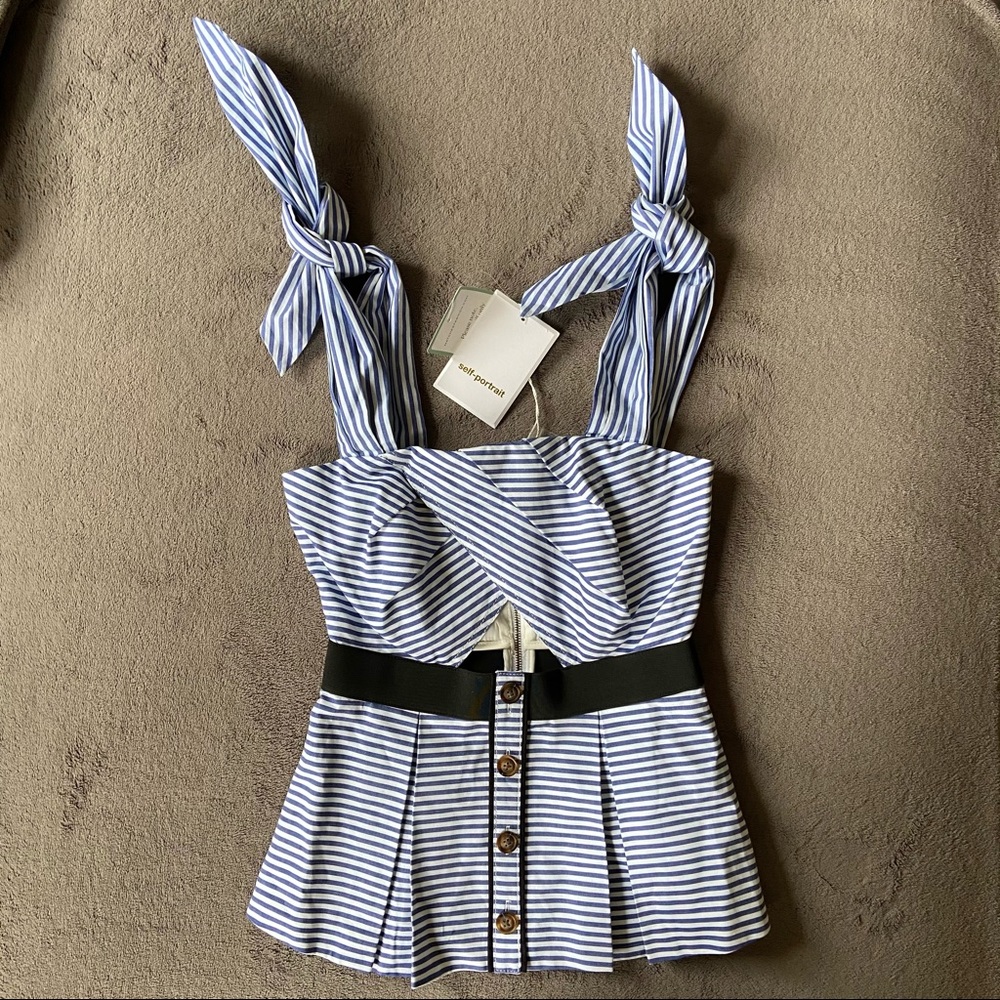 Self-portrait Tie-shoulder striped cotton top